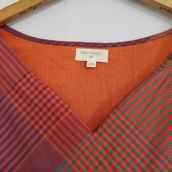 World Market Boho Checker Print Plaid Balloon Sleeve Blouse Size L/XL - Picture 7 of 8